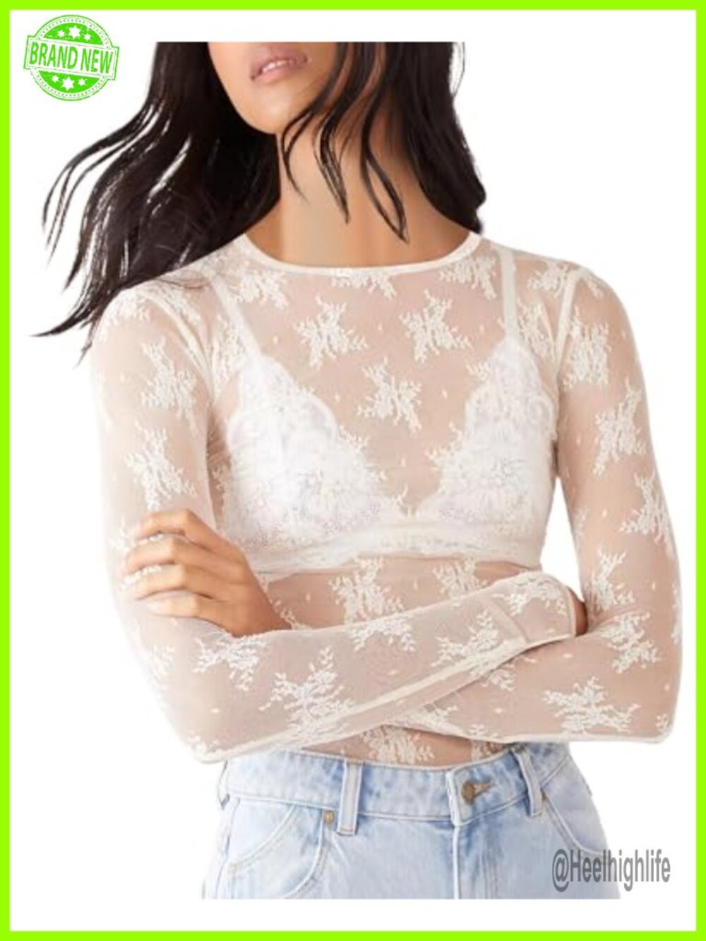 Sheer Lace Long Sleeve Mesh Top Crew Neck Party Club